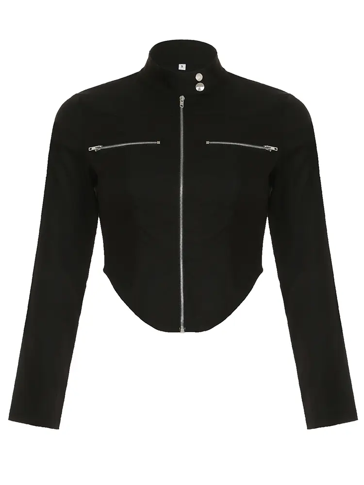 Rockmore Streetwear Stand Collar Cropped Jacket Women Moto biker Slim Zipper Up Long Sleeve Coats Y2K Vintage Solid Outerwear