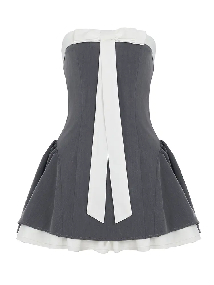 Rockmore Bow Contrast Patchwork Strapless Dress Women Off-shoulder Tube Party Dress High Waist A-line Mini Dresses Club Party
