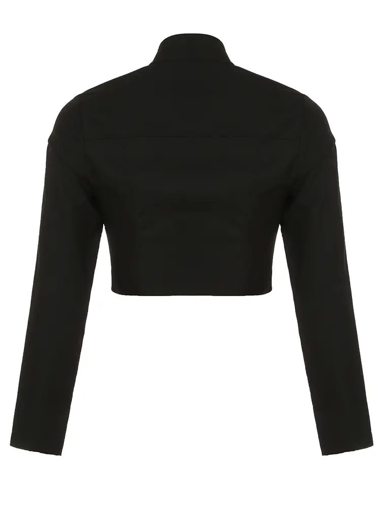 Rockmore Streetwear Stand Collar Cropped Jacket Women Moto biker Slim Zipper Up Long Sleeve Coats Y2K Vintage Solid Outerwear