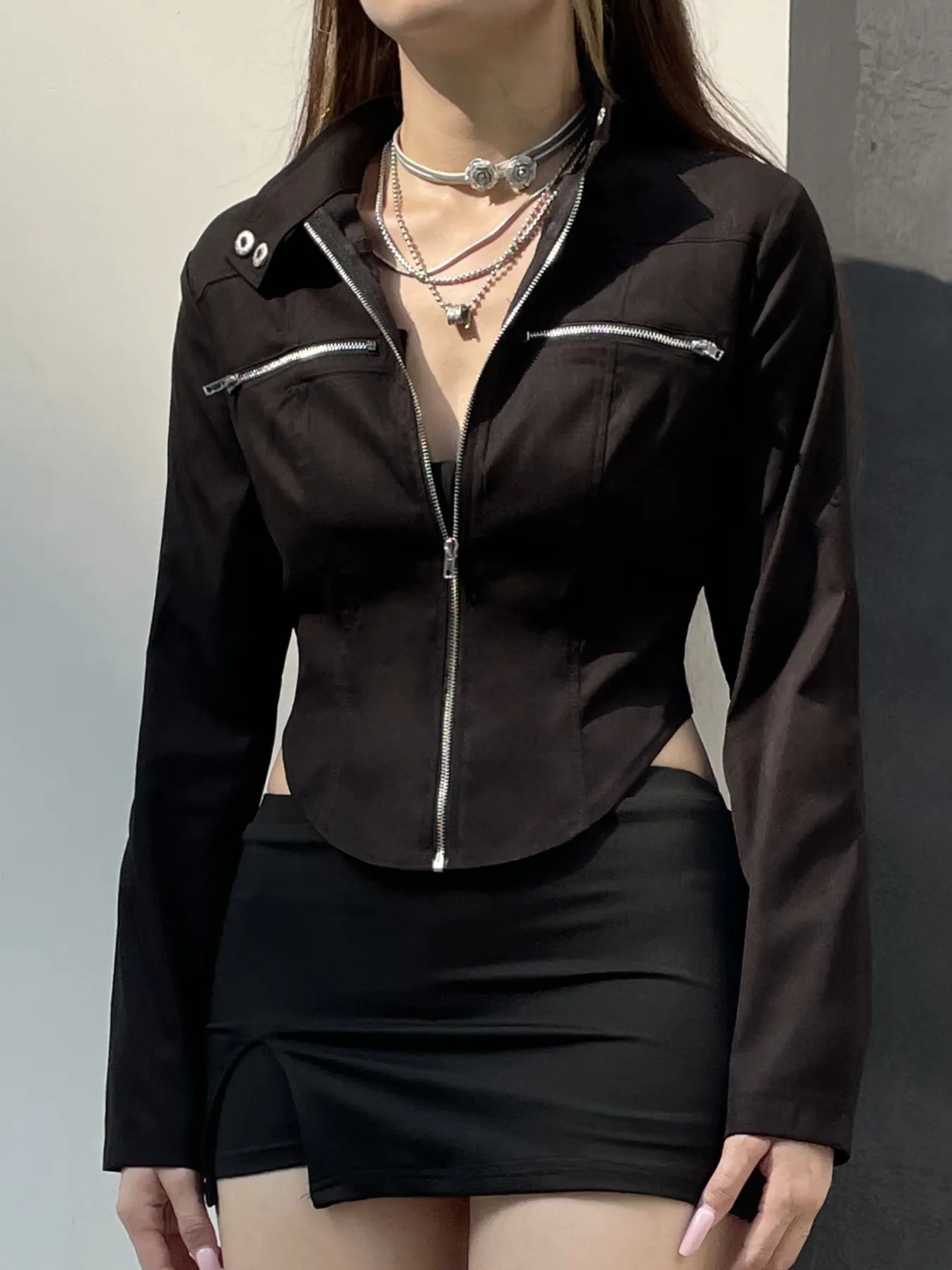 Rockmore Streetwear Stand Collar Cropped Jacket Women Moto biker Slim Zipper Up Long Sleeve Coats Y2K Vintage Solid Outerwear