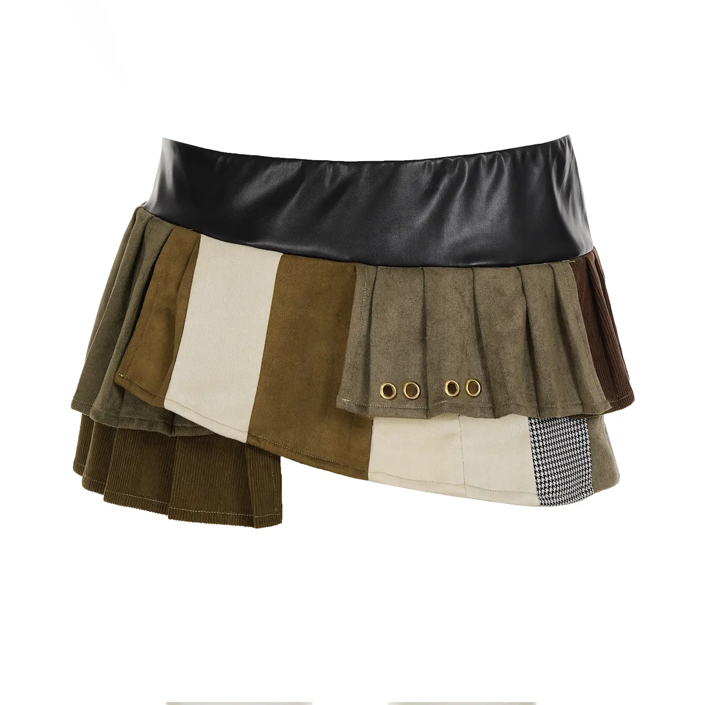 Asymmetrical Patchwork Women's Skirt PU Leather Low Waist Pleated Mini Skirt American Street Punk Fashion Color Block Bottoms