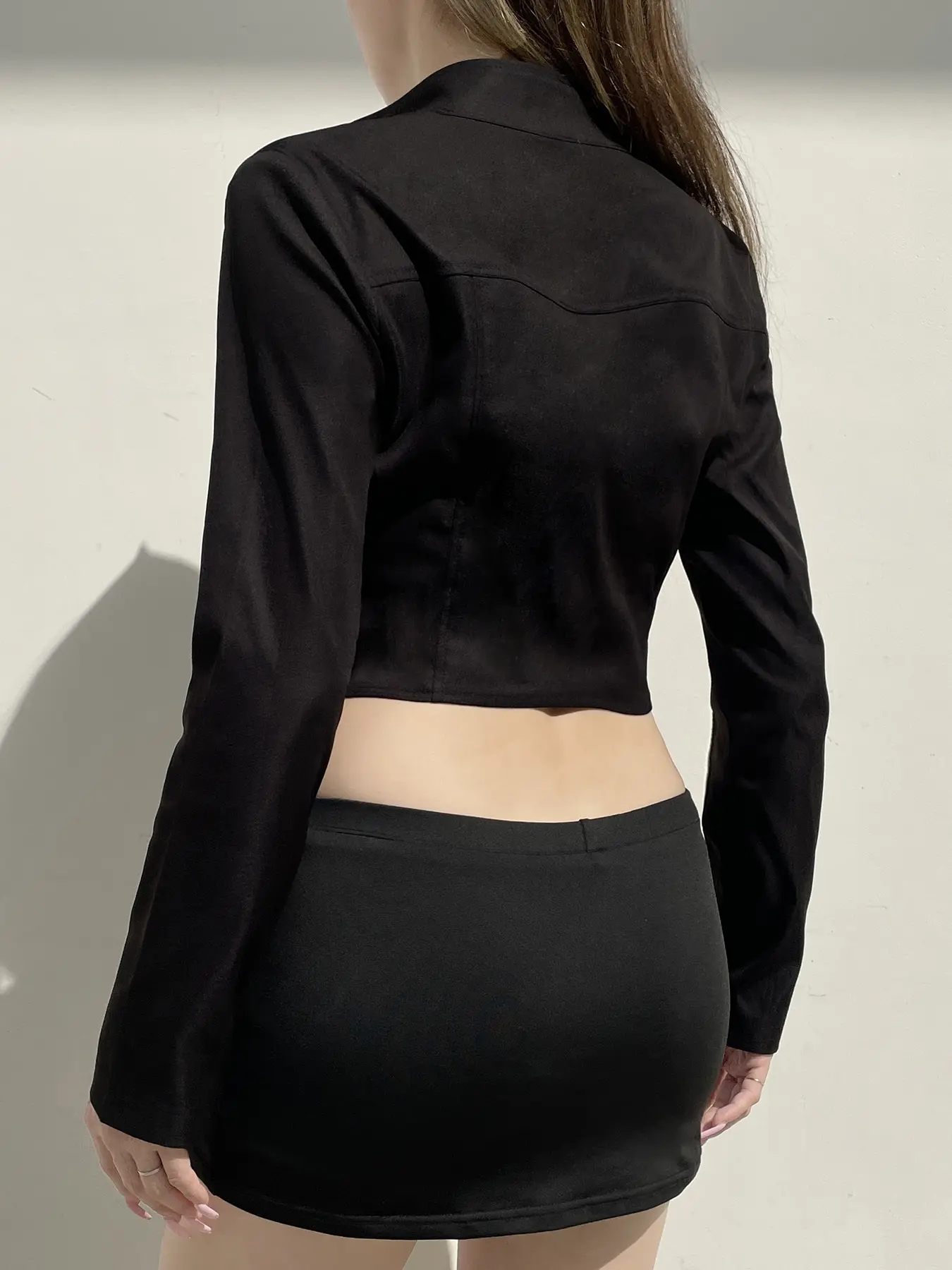 Rockmore Streetwear Stand Collar Cropped Jacket Women Moto biker Slim Zipper Up Long Sleeve Coats Y2K Vintage Solid Outerwear