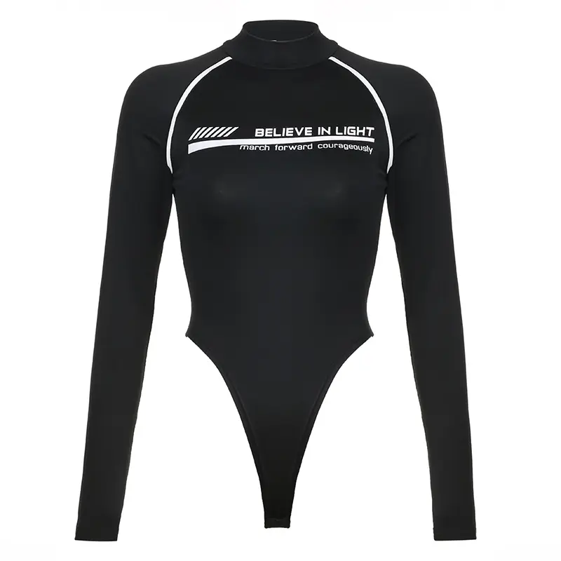 Rockmore Fashion Bodysuits Women Streetwear Print Jumpsuit Female Moto Biker Workout Long Sleeve Body Tops Casual Rompers Mujer