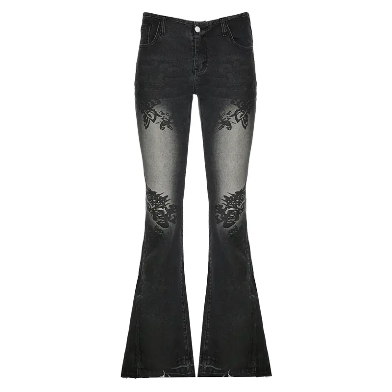 Rockmore Streetwear Low Rise Flare Jeans for Woman Y2K Aesthetic Print Jean Pants Vintage Washed Denim Trouser Grunge Fairycore