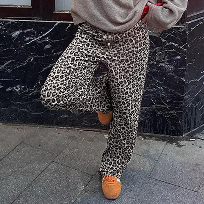 Rockmore Leopard Print Loose-Fitting Woven Pants for Women Retro Elastic Waist Straight Leg Long Trouser All-Season Casual Style