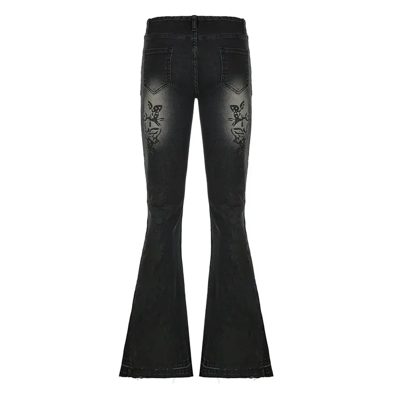 Rockmore Streetwear Low Rise Flare Jeans for Woman Y2K Aesthetic Print Jean Pants Vintage Washed Denim Trouser Grunge Fairycore