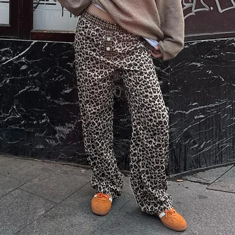 Rockmore Leopard Print Loose-Fitting Woven Pants for Women Retro Elastic Waist Straight Leg Long Trouser All-Season Casual Style