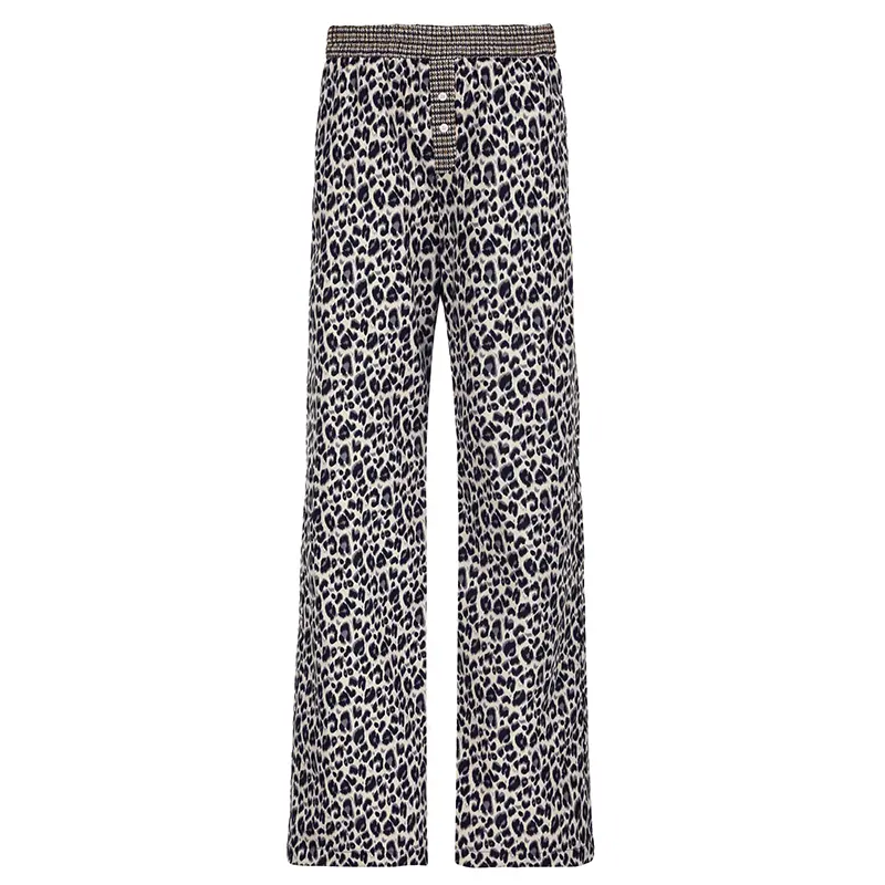 Rockmore Leopard Print Loose-Fitting Woven Pants for Women Retro Elastic Waist Straight Leg Long Trouser All-Season Casual Style