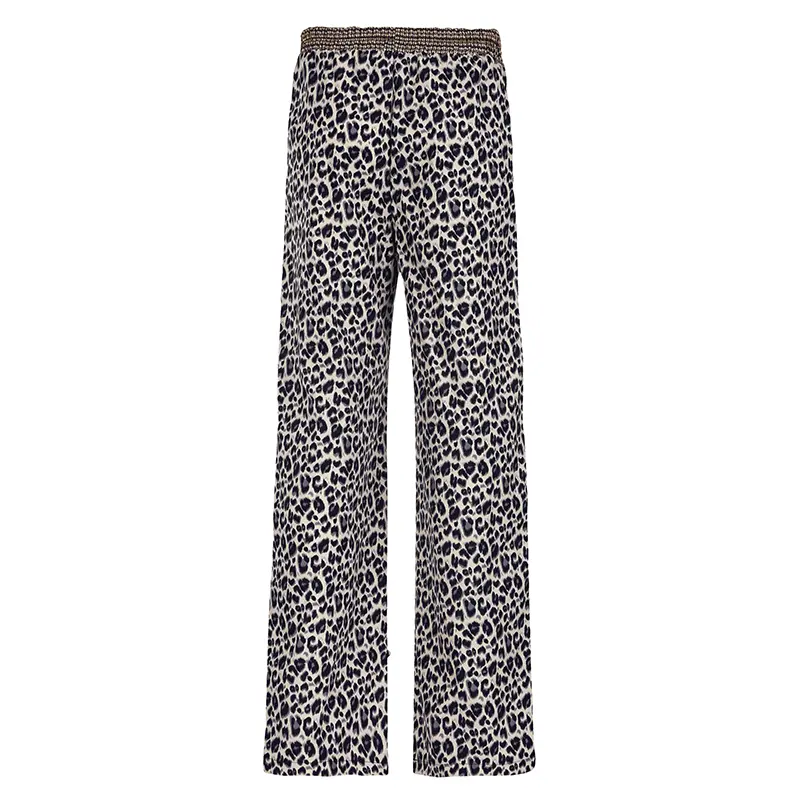 Rockmore Leopard Print Loose-Fitting Woven Pants for Women Retro Elastic Waist Straight Leg Long Trouser All-Season Casual Style
