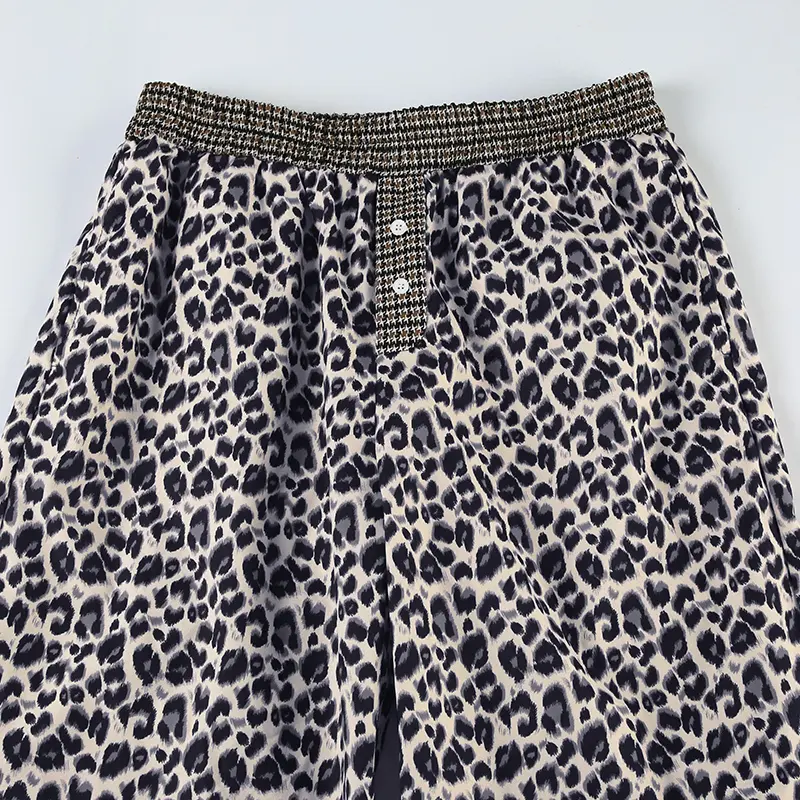 Rockmore Leopard Print Loose-Fitting Woven Pants for Women Retro Elastic Waist Straight Leg Long Trouser All-Season Casual Style