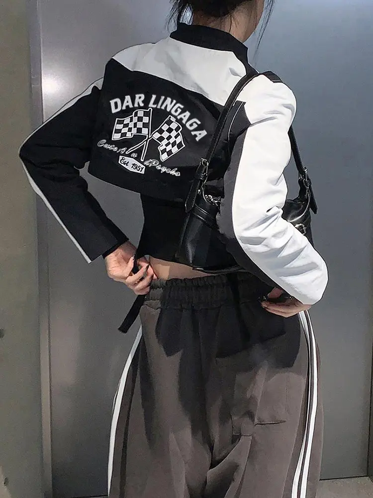 Rockmore Fashion Cropped Jackets for Women Cool Biker Style Streetwear Zipper Up Short Coat Y2K Long Sleeve Autumn Outerwear
