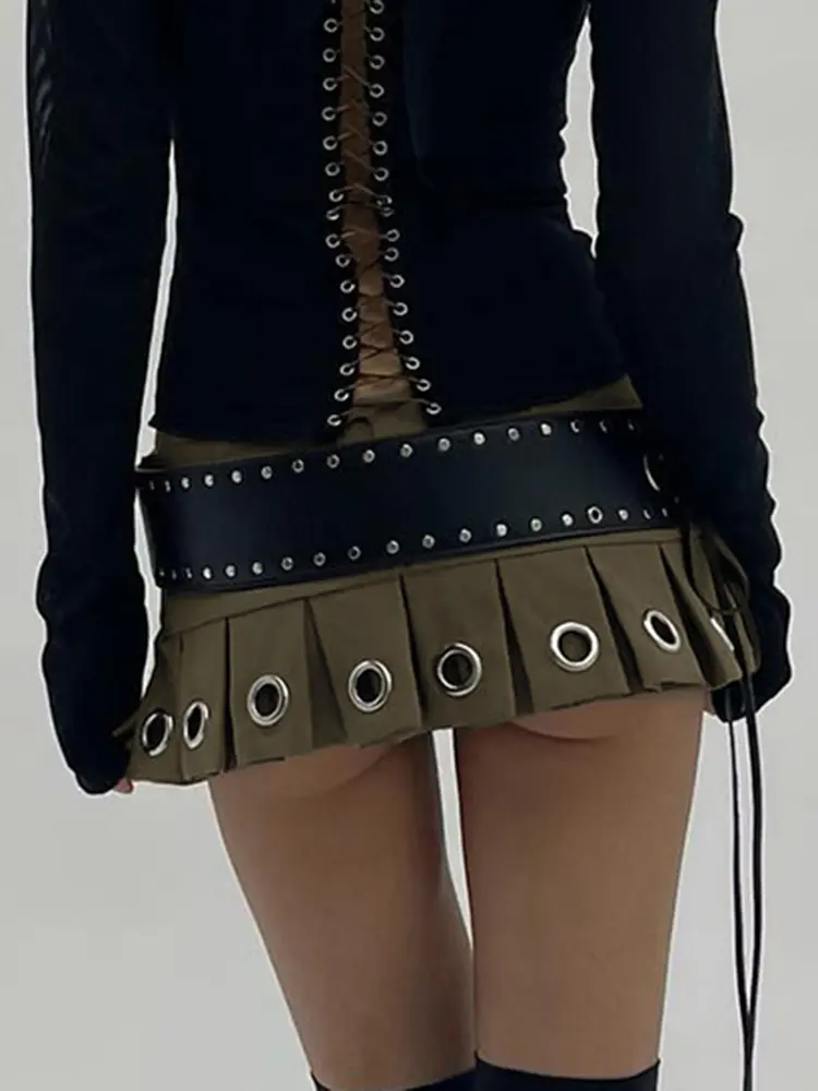 Rockmore Low Waist Chic Eyelet Pleated Mini Skirt Women Hot Sexy Tie Belt Cargo Skirts Vintage Fashion Street Clubwear Outfits