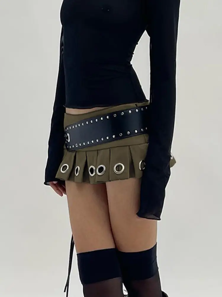 Rockmore Low Waist Chic Eyelet Pleated Mini Skirt Women Hot Sexy Tie Belt Cargo Skirts Vintage Fashion Street Clubwear Outfits