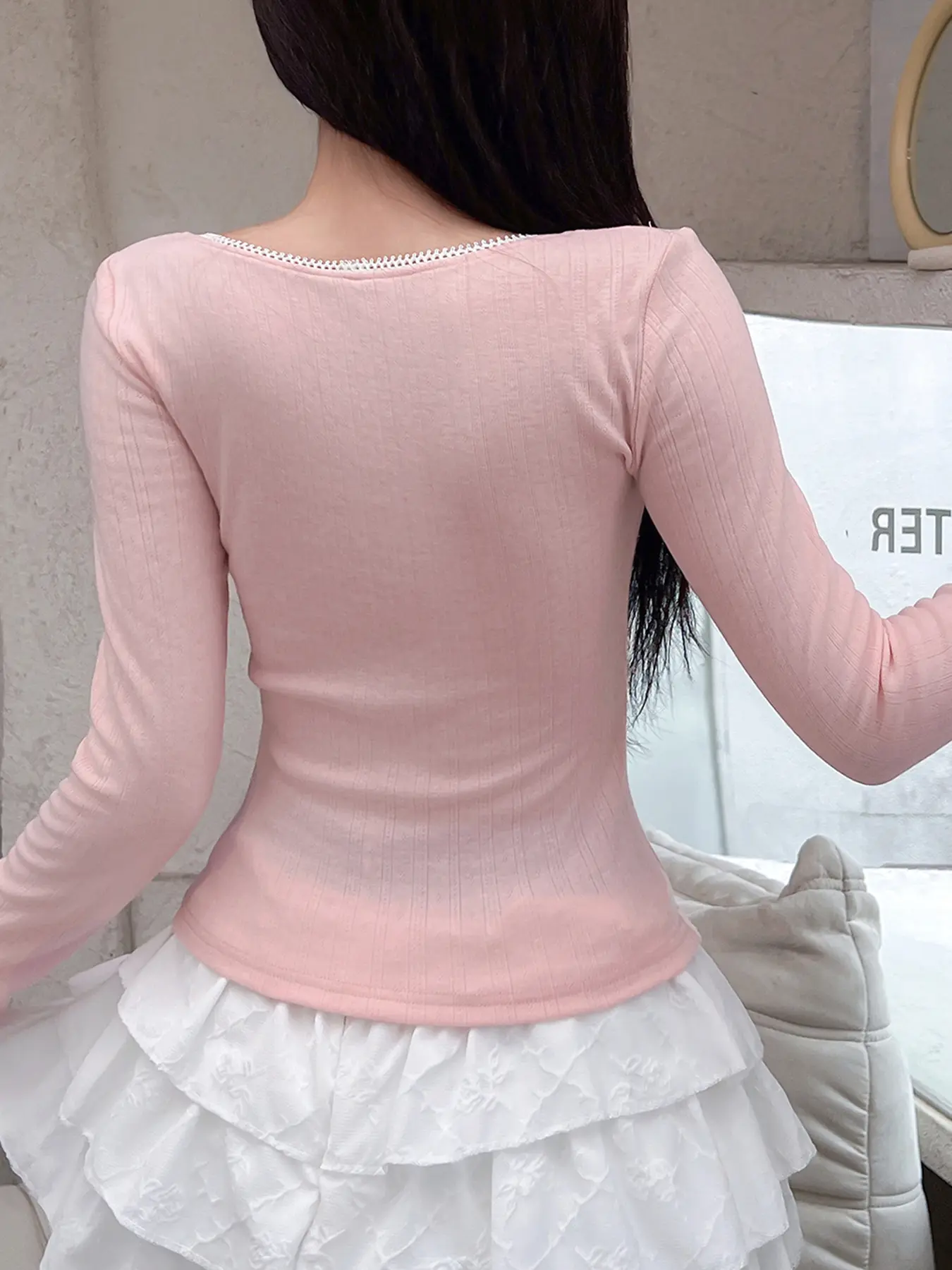 Rockmore Gentle Sweet Pink Patchwork T-Shirts Women Casual y2k Fairycore Square Neck Long Sleeve Tops Street Autumn Korean Tees