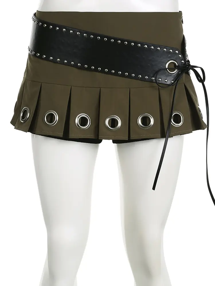 Rockmore Low Waist Chic Eyelet Pleated Mini Skirt Women Hot Sexy Tie Belt Cargo Skirts Vintage Fashion Street Clubwear Outfits