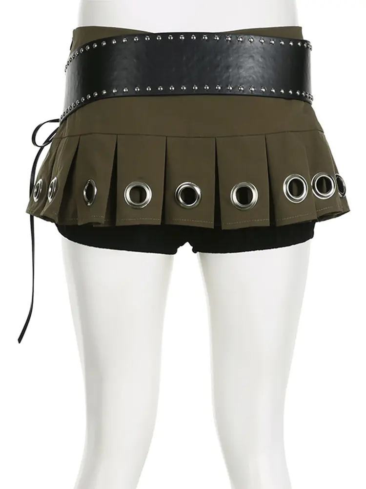 Rockmore Low Waist Chic Eyelet Pleated Mini Skirt Women Hot Sexy Tie Belt Cargo Skirts Vintage Fashion Street Clubwear Outfits