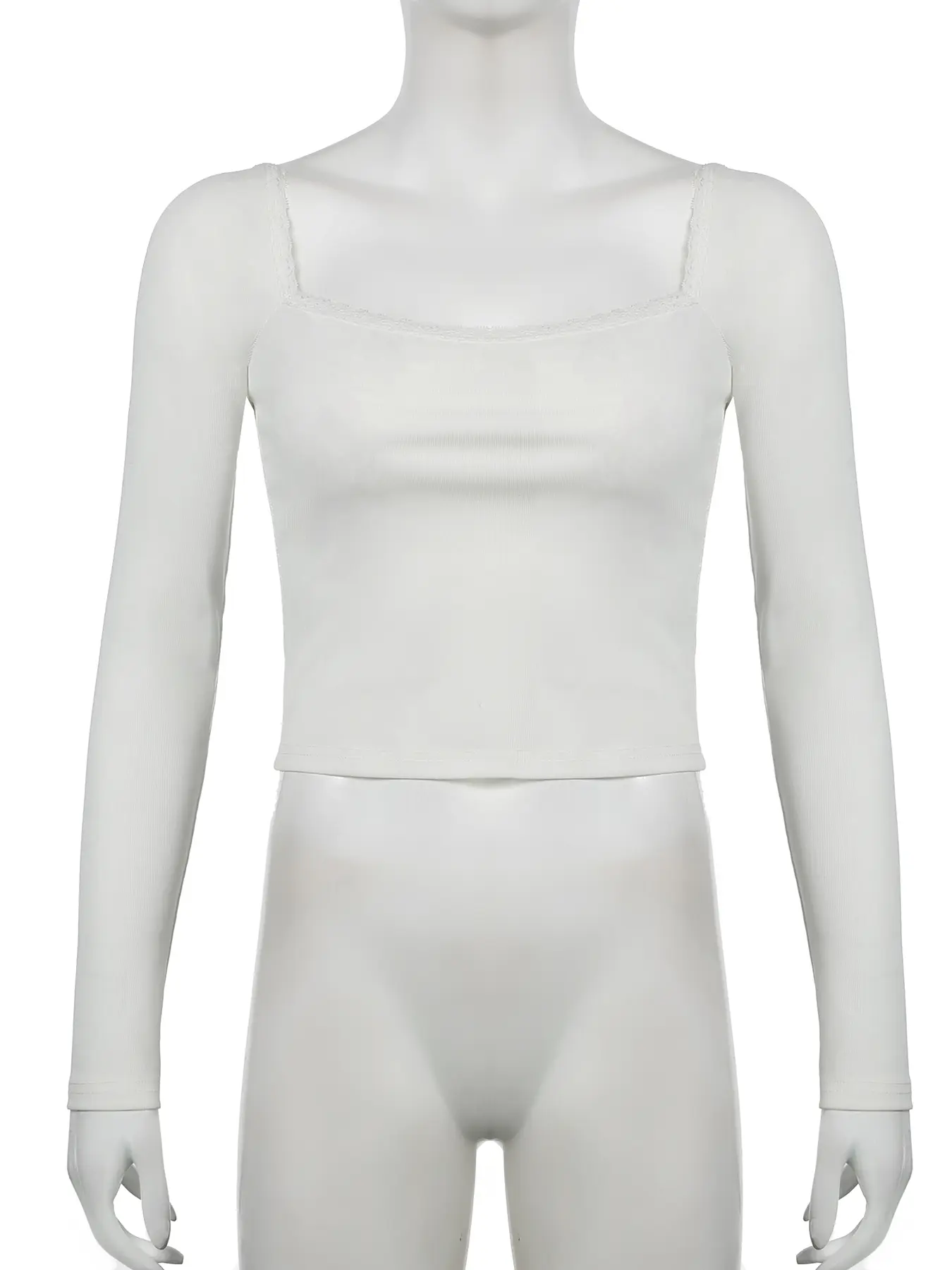 Rockmore Harajuku Solid Square Neck Lace T-Shirts Women Y2K Long Sleeve Crop Tops All Match Basic Casual Tee Streetwear Coquette