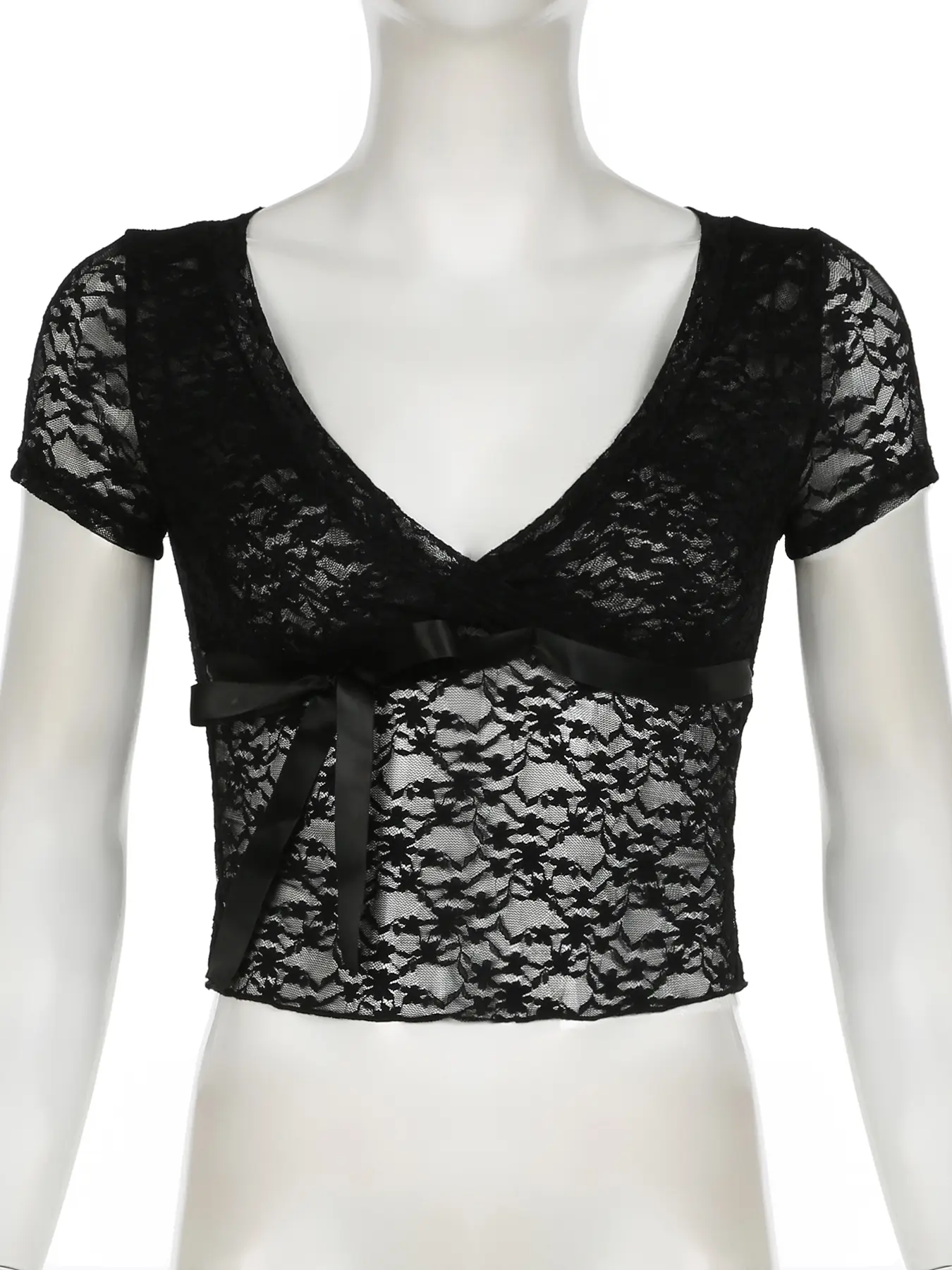 Rockmore Lace-up Crossover Top See Through Lace-up T-shirt Y2K Vintage Short Sleeves Sexy V-neck Tee Coquette Grunge Fairycore