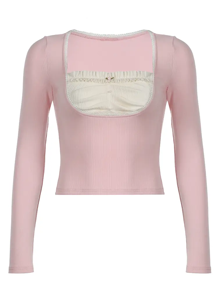 Rockmore Gentle Sweet Pink Patchwork T-Shirts Women Casual y2k Fairycore Square Neck Long Sleeve Tops Street Autumn Korean Tees