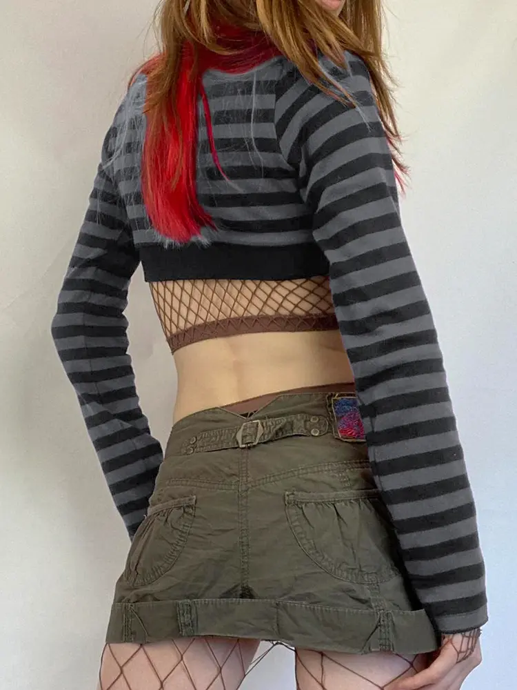 Rockmore Y2K Striped Crop Top Aesthetic Button Up T Shirts Women Vintage Casual Long Sleeve Tee Gothic Grunge Fairycore Clothes