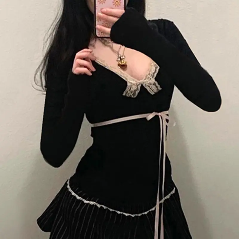 Rockmore Gentle Sweet Lace Bow T-Shirts Women Casual y2k Fairycore Deep V Neck Long Sleeve Slim Tops Spring Fall Korean Tees