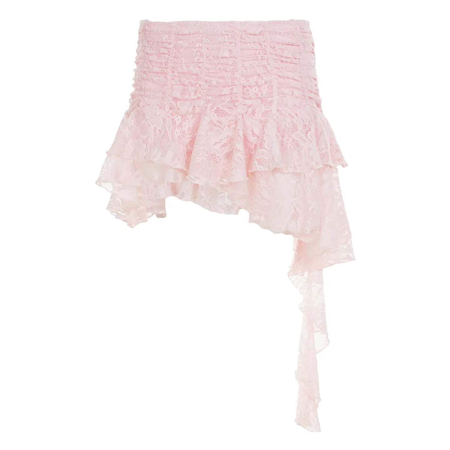 Rockmore Pink Lace Women's Ruffle Asymmetrical Hem Skirt with Ribbon Design Y2K Coquette Tiered Layer Mini Skirt Party Summer