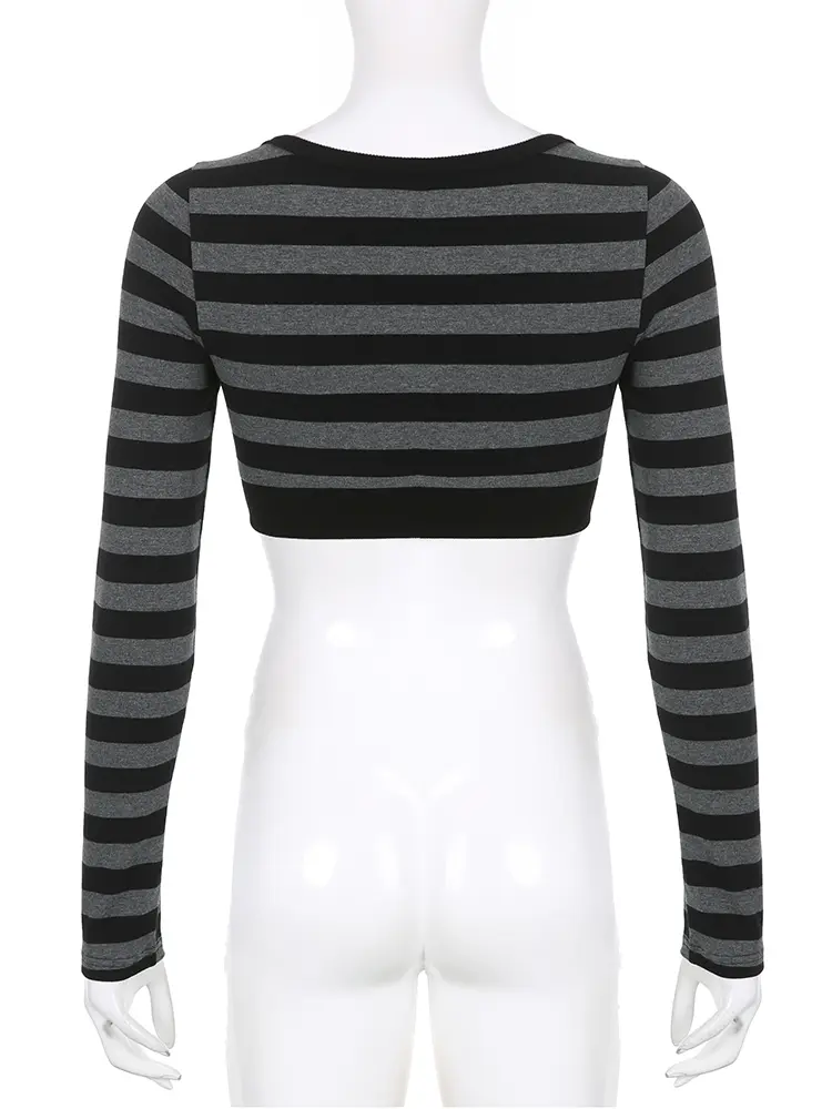 Rockmore Y2K Striped Crop Top Aesthetic Button Up T Shirts Women Vintage Casual Long Sleeve Tee Gothic Grunge Fairycore Clothes