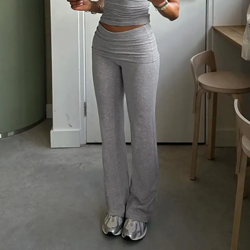 Rockmore Solid Low Waist Women Elastic Skinny Pants Flare Leg Leggings Y2K Casual Sports Comfy Breathable Bell Bottom Trousers