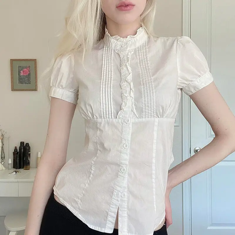 Rockmoer White Slim Blouse Women Buttons Shirts Elegant Fashion Summer Turn Down Collar Short Sleeve Casual Crop Tops y2k query