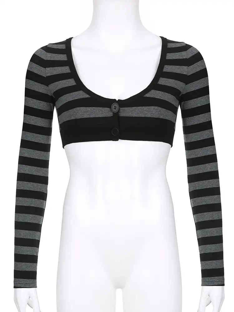Rockmore Y2K Striped Crop Top Aesthetic Button Up T Shirts Women Vintage Casual Long Sleeve Tee Gothic Grunge Fairycore Clothes