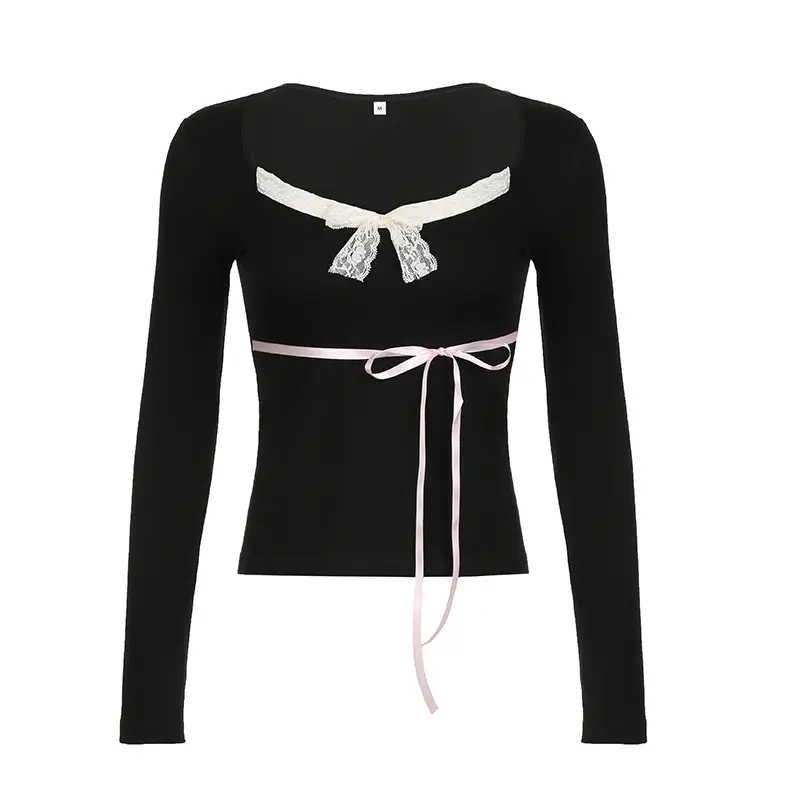 Rockmore Gentle Sweet Lace Bow T-Shirts Women Casual y2k Fairycore Deep V Neck Long Sleeve Slim Tops Spring Fall Korean Tees