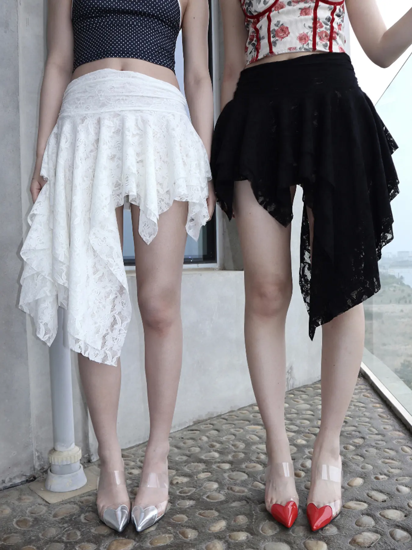 Rockmore Boho Asymmetrical Ruffle Lace Skirt Women Street Vintage Mini Skirt Korean Lady Elegant Casual White Tiered Layer Skirt
