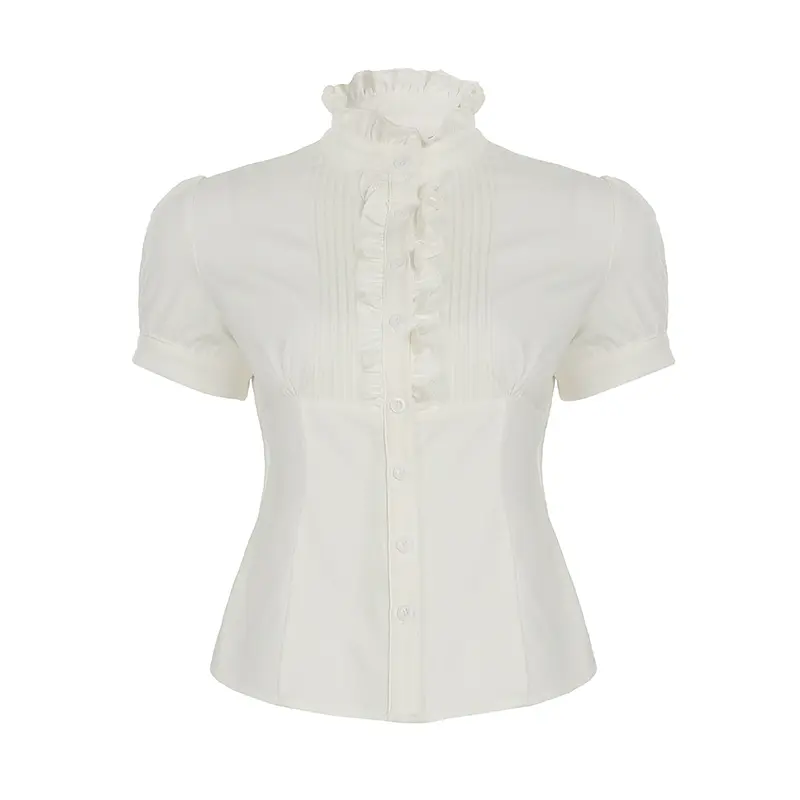 Rockmoer White Slim Blouse Women Buttons Shirts Elegant Fashion Summer Turn Down Collar Short Sleeve Casual Crop Tops y2k query
