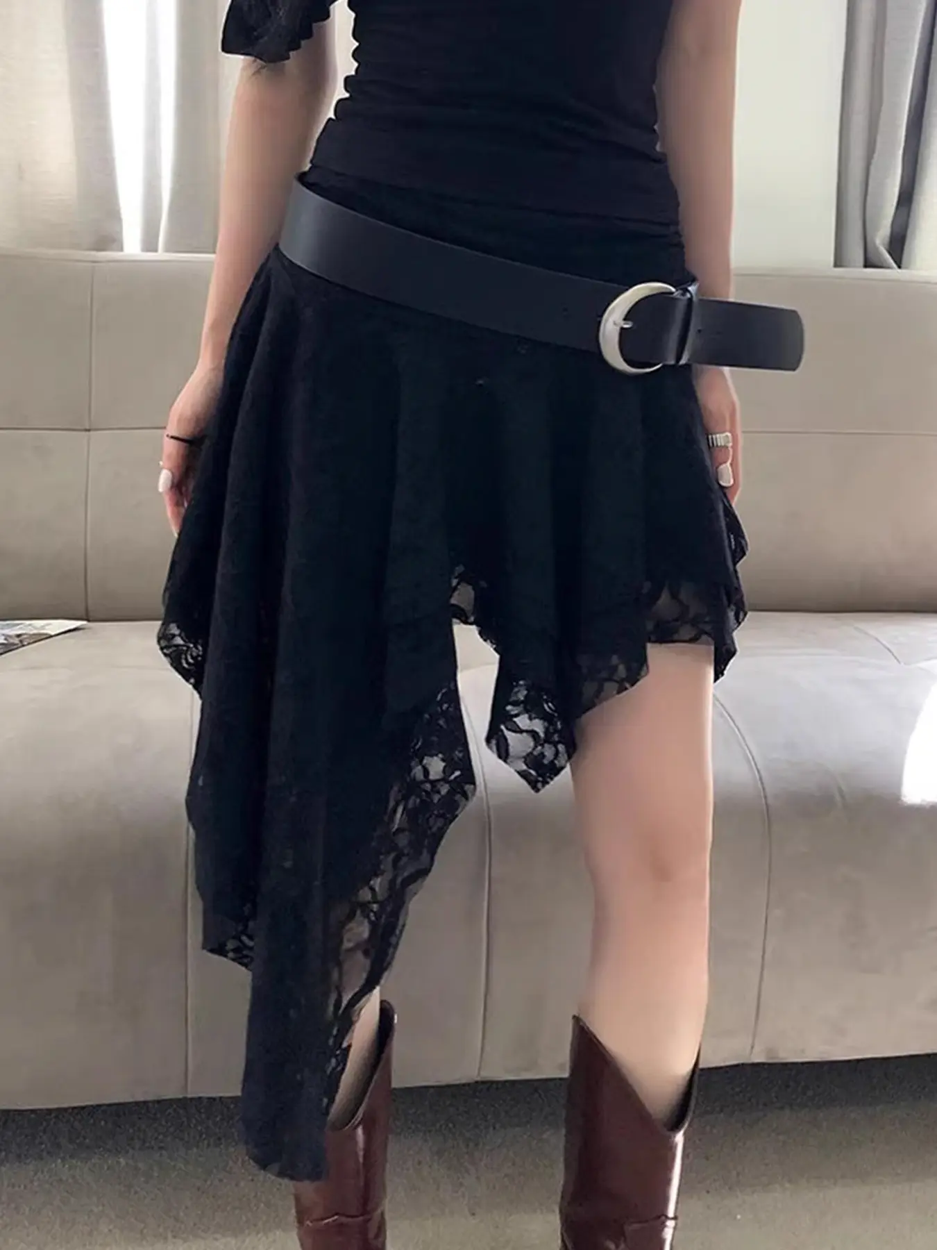 Rockmore Boho Asymmetrical Ruffle Lace Skirt Women Street Vintage Mini Skirt Korean Lady Elegant Casual White Tiered Layer Skirt