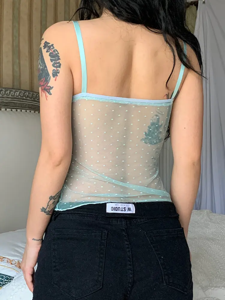 Rockmore Polka Dots Lace Frill Mesh Camis Y2K Aesthetic V-neck Crop Top Women Summer Backless Sexy See Through Corset Tops 2023