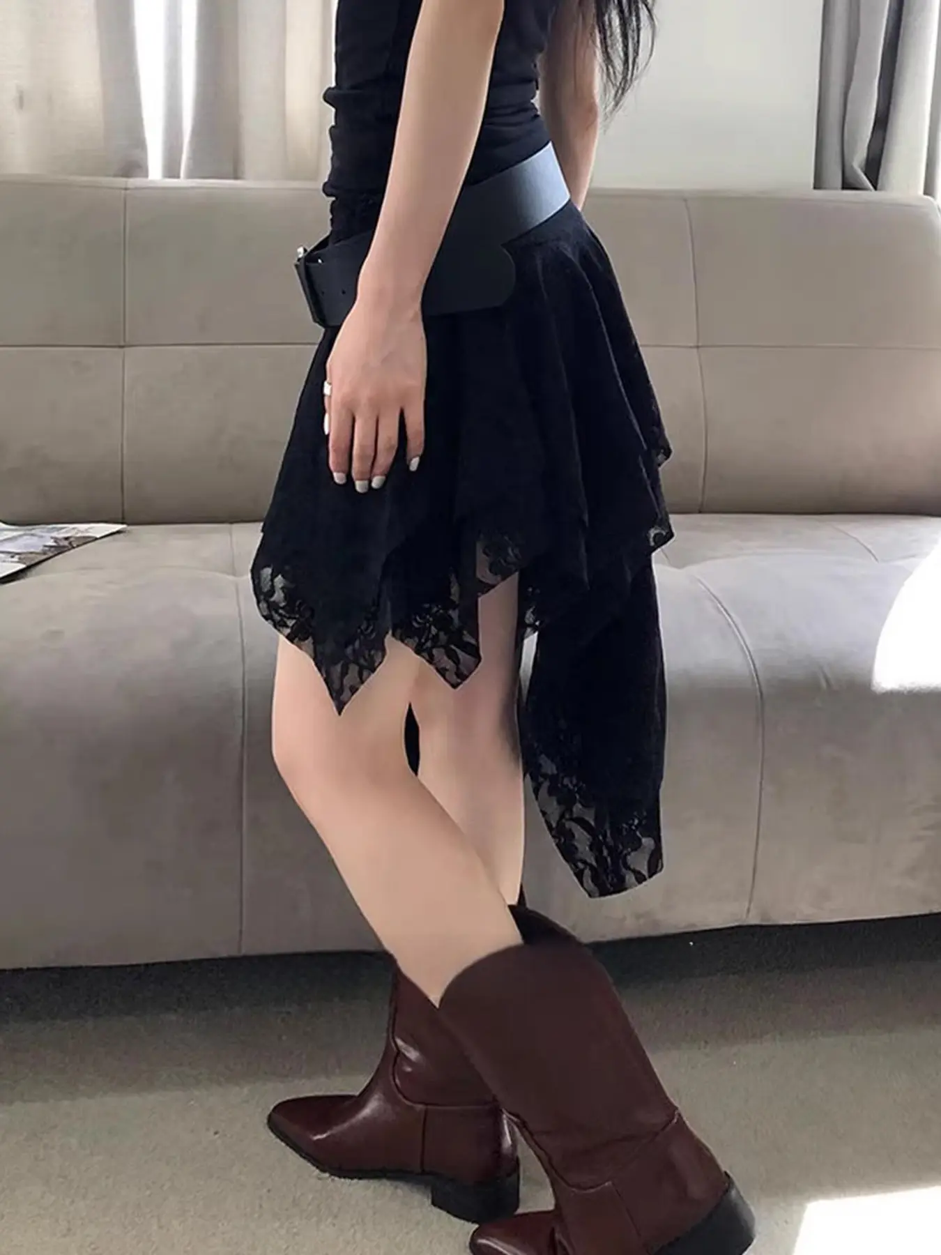Rockmore Boho Asymmetrical Ruffle Lace Skirt Women Street Vintage Mini Skirt Korean Lady Elegant Casual White Tiered Layer Skirt
