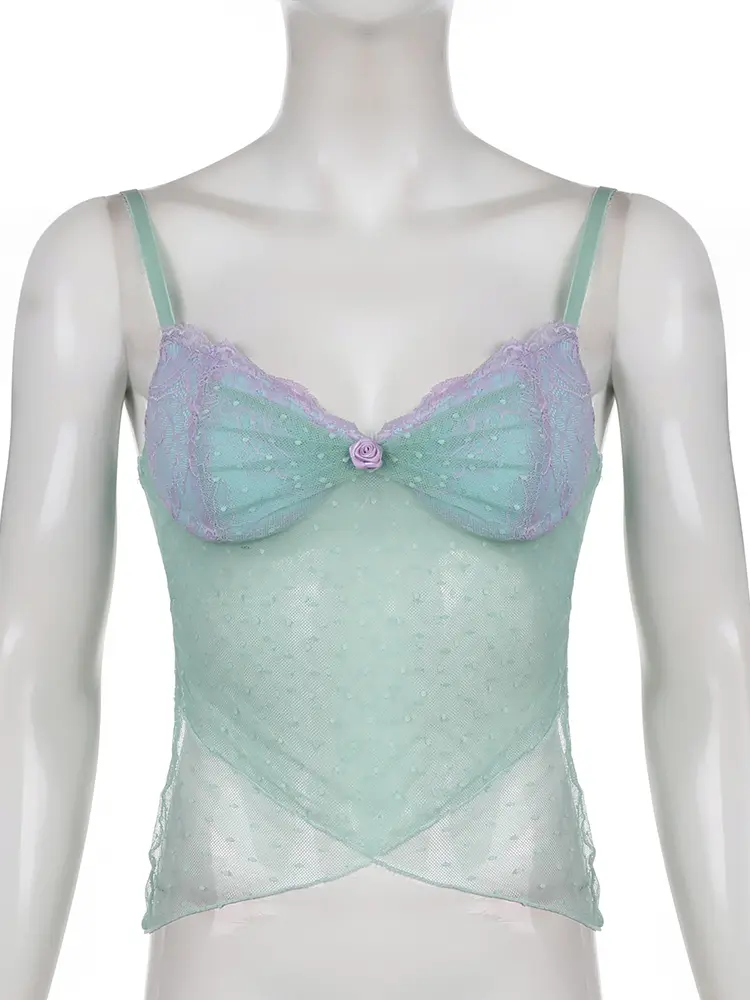 Rockmore Polka Dots Lace Frill Mesh Camis Y2K Aesthetic V-neck Crop Top Women Summer Backless Sexy See Through Corset Tops 2023