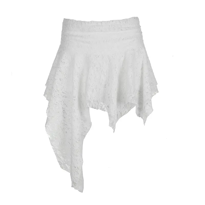 Rockmore Boho Asymmetrical Ruffle Lace Skirt Women Street Vintage Mini Skirt Korean Lady Elegant Casual White Tiered Layer Skirt