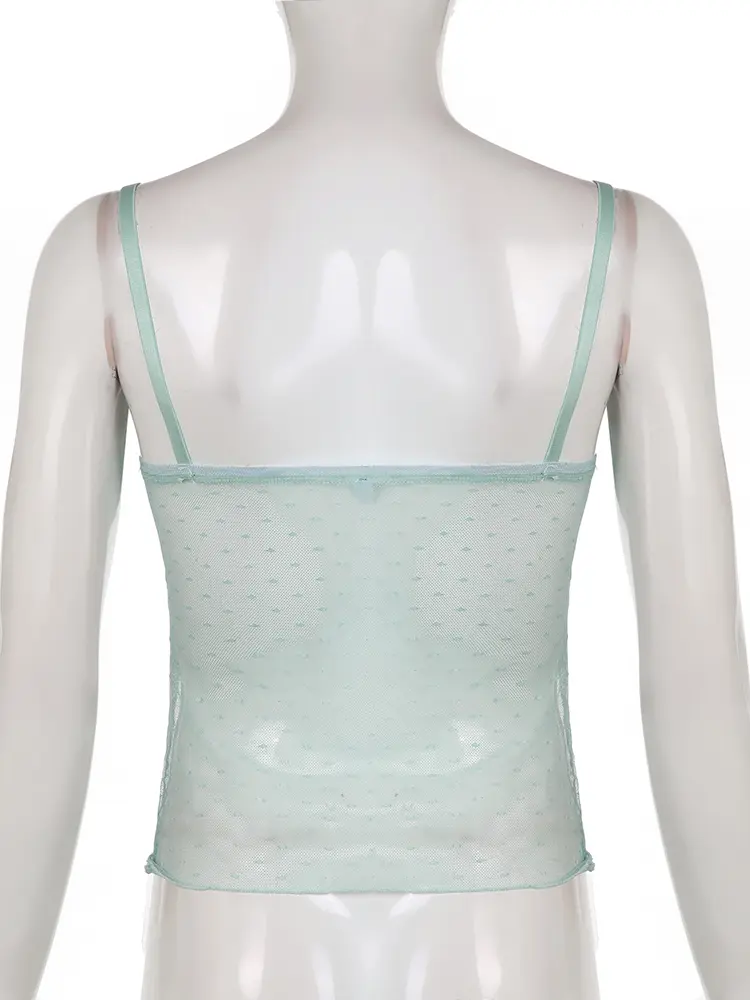 Rockmore Polka Dots Lace Frill Mesh Camis Y2K Aesthetic V-neck Crop Top Women Summer Backless Sexy See Through Corset Tops 2023