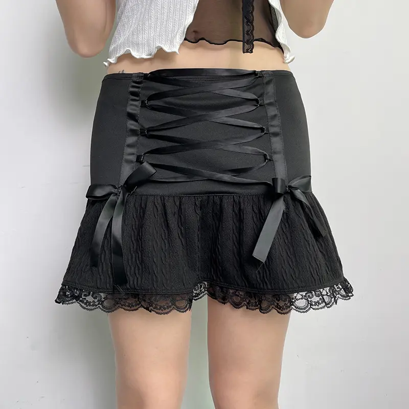 Rockmore Cross Lace Up Mini Skirts Black Gothic Low Waist Women Pleated Skirt Y2k Punk Dark Academic Grunge Streetwear Female