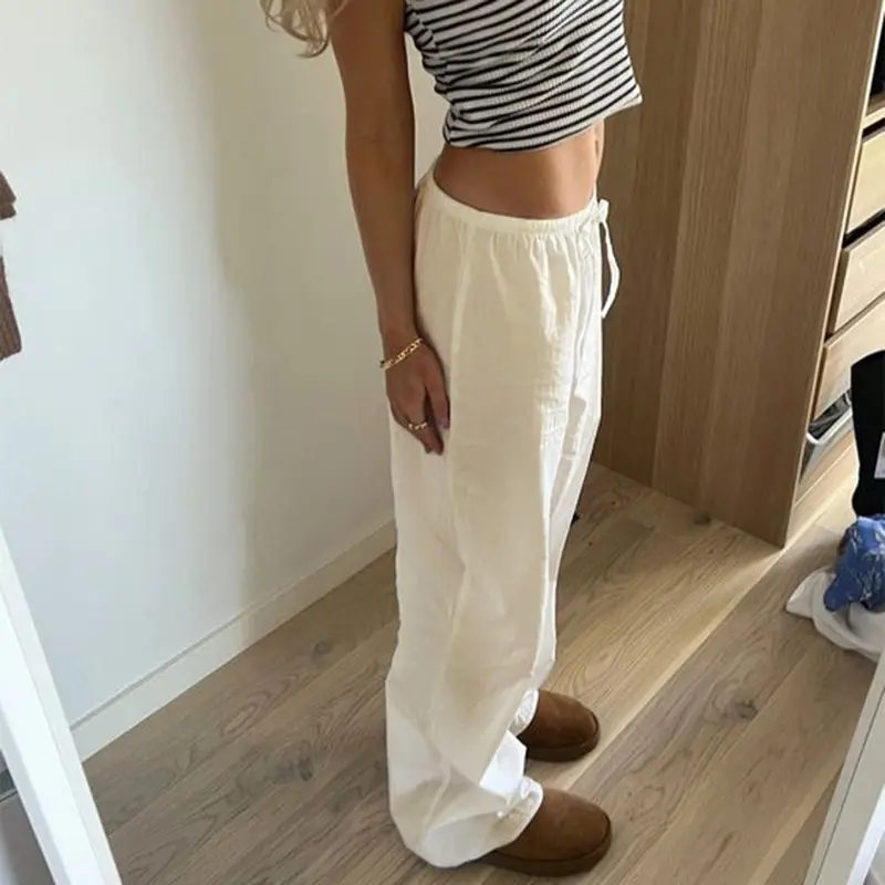 Rockmore Cotton Linen Drawstring Straight-leg Pants Coquette Y2K Aesthetics  Wide Leg Trousers Fashion Solid Harajuku Women