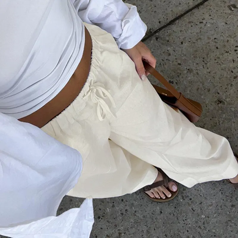 Rockmore Cotton Linen Drawstring Straight-leg Pants Coquette Y2K Aesthetics  Wide Leg Trousers Fashion Solid Harajuku Women