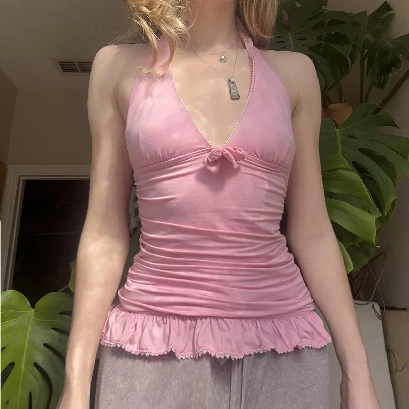 Rockmore Pink Sweet Halter Tops for Women Shirring Slim Camisole Y2k Aesthetic Sleeveless V-Neck Ruffles Backless Vest Fairycore