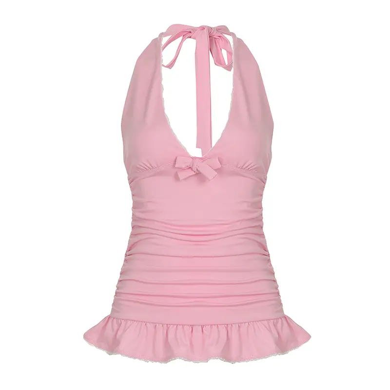 Rockmore Pink Sweet Halter Tops for Women Shirring Slim Camisole Y2k Aesthetic Sleeveless V-Neck Ruffles Backless Vest Fairycore