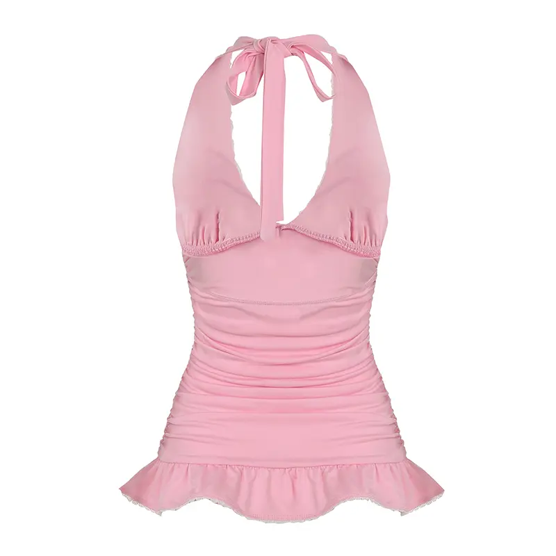 Rockmore Pink Sweet Halter Tops for Women Shirring Slim Camisole Y2k Aesthetic Sleeveless V-Neck Ruffles Backless Vest Fairycore