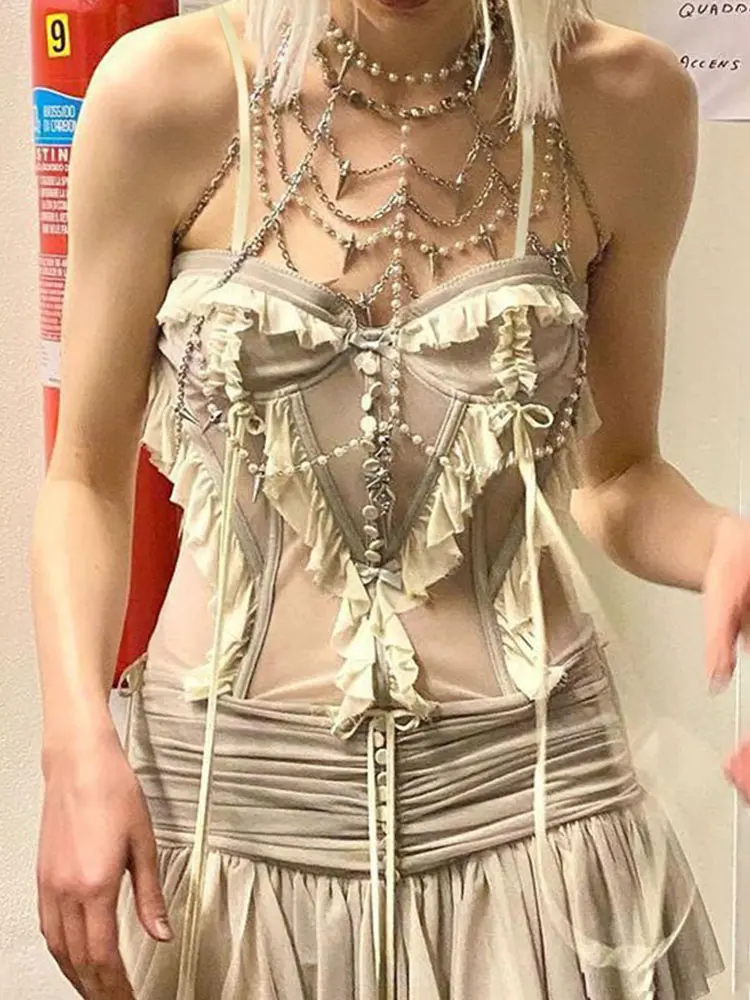 Rockmore Mesh Patchwork Corset Sexy See Through Camisole y2k Aesthetics Cropped Top Gray Tank Tops Fashion Backless Bustier New