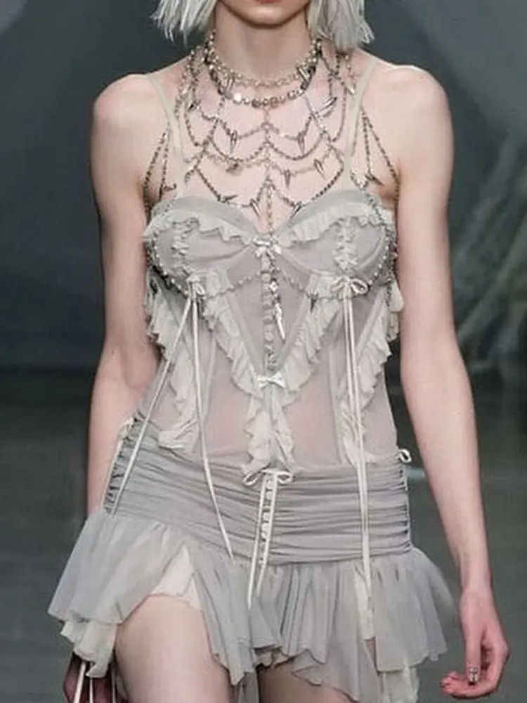 Rockmore Mesh Patchwork Corset Sexy See Through Camisole y2k Aesthetics Cropped Top Gray Tank Tops Fashion Backless Bustier New
