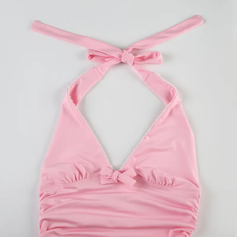 Rockmore Pink Sweet Halter Tops for Women Shirring Slim Camisole Y2k Aesthetic Sleeveless V-Neck Ruffles Backless Vest Fairycore
