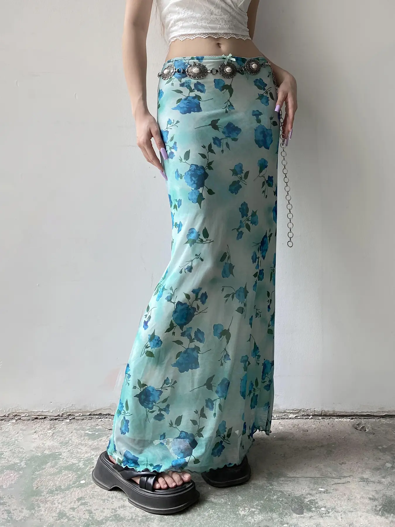 Rockmore Floral Print Bow Front Lettuce Trim Long Mermaid Skirt for Party Holiday Wedding Guest Elegant High Waist Bodycon Skirt
