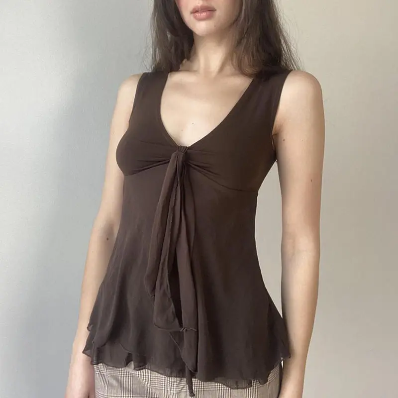 Rockmore Retro Double Layer Mesh Sleeveless Women's Top Ruffled Tied V-Neck Design Cinched Waist A-Line Tank Top for Summer